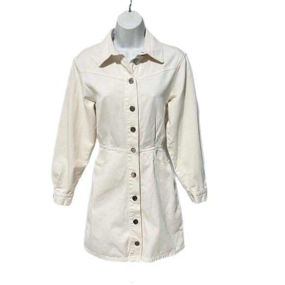 ZARA Denim Mini Dress Button Front Long Sleeve Collared Fitted XS White Cotton - Picture 1 of 9